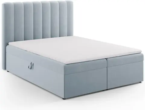Seng Micadoni Kelp lyseblå velour polstret gavl 65 cm, opbevaring, inkl. boxmadras og topmadras fra Likehome.dk