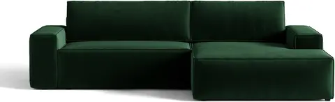 Sovesofa Micadoni Jodie, højrevendt chaiselong flaskegrøn velour, opbevaring, udslået fra Likehome.dk