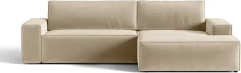 Sovesofa Micadoni Jodie højrevendt chaiselong, mørk beige velour, foldes ud til liggeflade, med opbevaring fra Likehome.dk