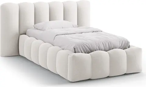 Sengeramme Micadoni Lupine, polstret sengeramme til , lys beige Moly-chenillestof, gaslift-opbevaring fra Likehome.dk