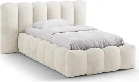 Sengeramme Micadoni Lupine polstret hovedgærde H60 cm chenille lys beige med opbevaring og gaslift til fra Likehome.dk