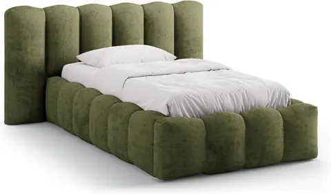 Sengeramme Micadoni Lupine grøn chenille med polstret sengegavl og opbevaring, gasløft fra Likehome.dk