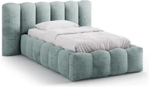 Sengeramme Micadoni Lupine polstret chenille lys blå med opbevaring og gaslift fra Likehome.dk