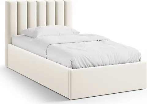 Sengeramme Micadoni Allison, velour Bluvel 22 lys beige, madras, polstret hovedgærde og opbevaring med gaslift fra Likehome.dk