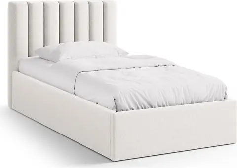 Sengeramme Micadoni Allison lys beige Moly-chenille polstret ryg med sengekasse og gaslift fra Likehome.dk