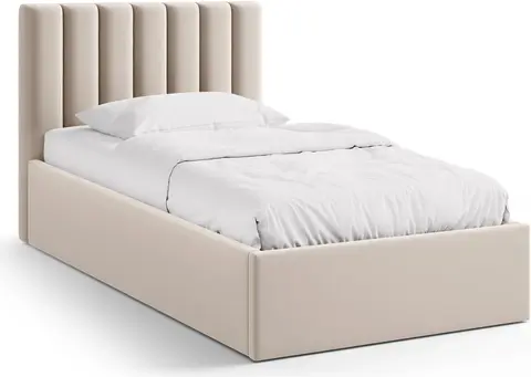 Sengeramme Micadoni Allison velour mørk beige med polstret sengegavl og opbevaringsboks gaslift fra Likehome.dk