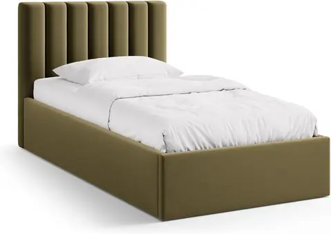 Sengeramme Micadoni Allison grøn velour Bluvel 77 med polstret gavl 61 cm og opbevaringsrum med gaslift fra Likehome.dk