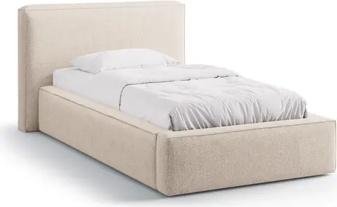 Sengeramme Micadoni Jodie, polstret bouclé beige med opbevaringsboks gasløft fra Likehome.dk