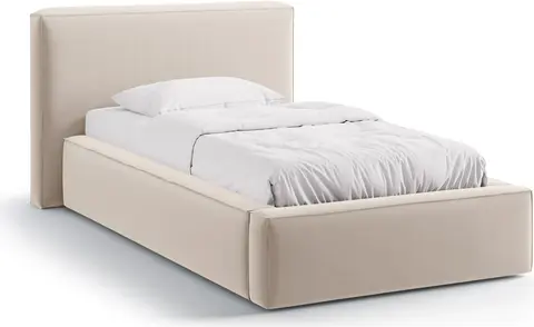 Sengeramme Micadoni Jodie mørk beige Bluvel velour polstret gavl opbevaring med gaslift fra Likehome.dk