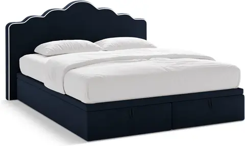 Seng Micadoni Dream polstret inkl. boxmadras, pocketfjedermadras og topmadras elfenben/kongeblå velour, opbevaring m. gaslift fra Likehome.dk