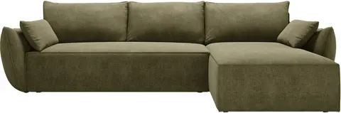 Hjørnesovesofa Micadoni Kaelle, chaiselong højrevendt, grøn chenille, , soveplads , opbevaring fra Likehome.dk